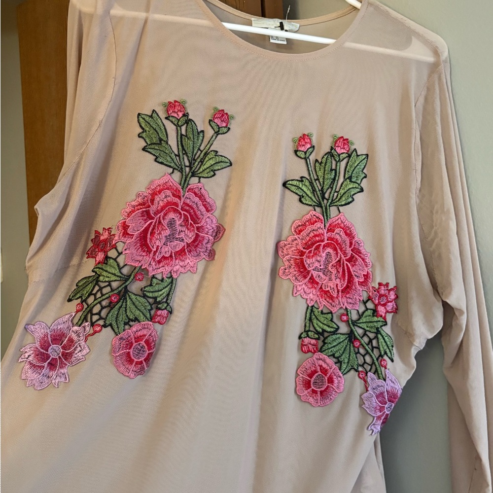 Forever 21 Floral Embroidered Sheer Bodysuit in Pink and Green